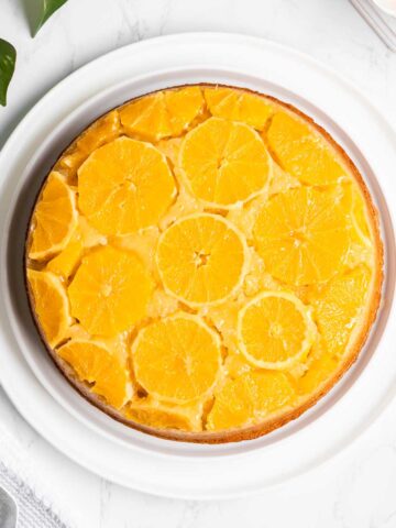 top shot of a vegan orange upside down cake